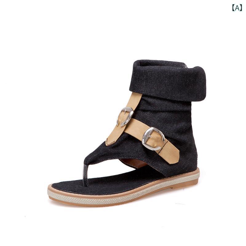 サンダルブーツ レディース ハイカット トング フラット底 本革 デニム ベルトバックル 大きいサイズ ..