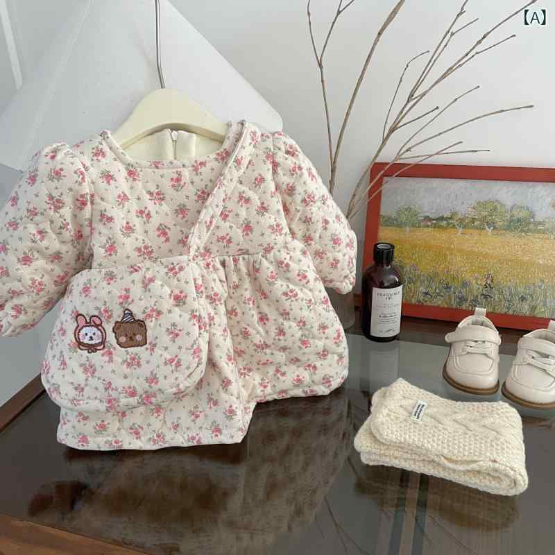 ワンピース ベビー 女の子 秋冬 小花柄 コットン 綿 厚手 裏起毛 あったか 保温 プリンセスドレス Aライン おしゃれ 上品 かわいい 普段使い お出かけ ピンク イエロー