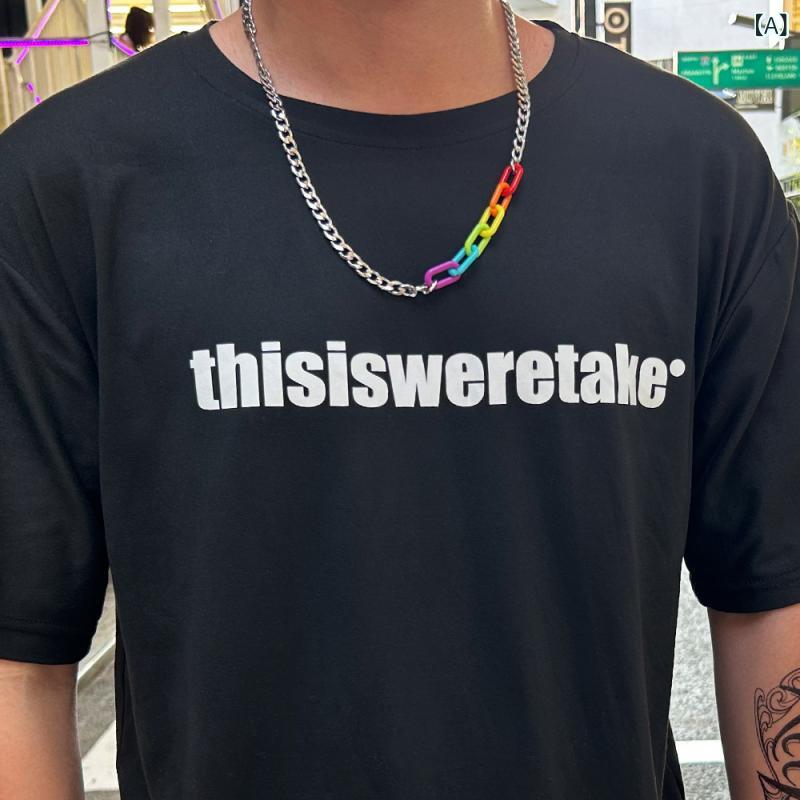 ネックレス 男性用 チタン製 レインボー アクリル切り替え 重ね付け キューバンチェーン ハンドメイド ..