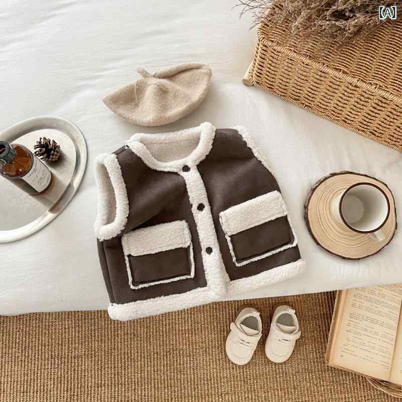 ・カテゴリ: キッズベスト・性別: 女の子・対象年齢: 1〜3歳 (80〜100cm)・スタイル: 韓国・要素: トレンド・主な素材: ポリエステル・生地加工: 柔軟加工・裏地: ファー裏地・厚さ: 厚手・: 前開き・留め具: シングルボタン・柄: 無地・カラー展開: カフェ、ピンク・サイズ展開: 66cm、73cm、80cm、90cm、100cm