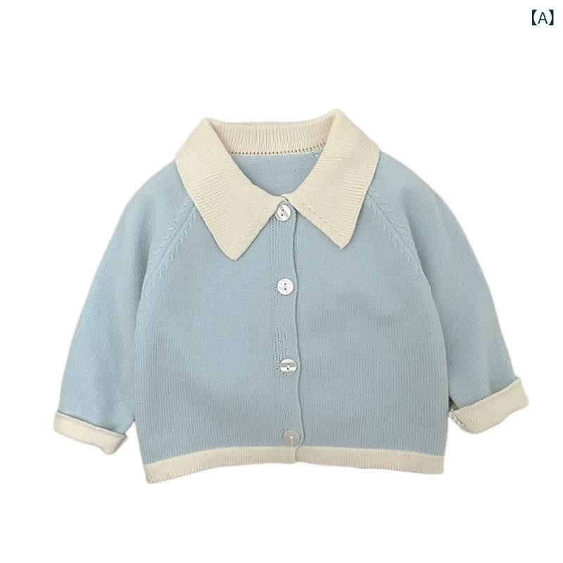 Rakuten - 2点セット ベビー 女の子 ニット カーディガン 襟付き 長袖 トップス スカート 学院風 韓国ファッション 前開き ボタン 無地 アクリル 幼児服 春秋 おしゃれ