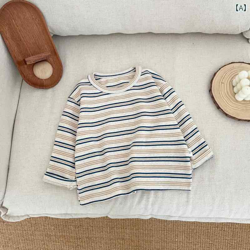 Tシャツ 男の子 ベビー 幼児 子供 長袖 丸首 クルーネック ストライプ ボーダー 綿 コットン 95% 柔らか 肌触り 吸湿速乾 快適 ベーシック おしゃれ 韓国風 春秋 イエロー グリーン 普段使い