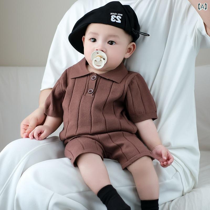 セットアップ 男の子 ベビー 襟付き 半袖 プルオーバー リブ編み ニットトップス ハーフパンツ 2点セッ..
