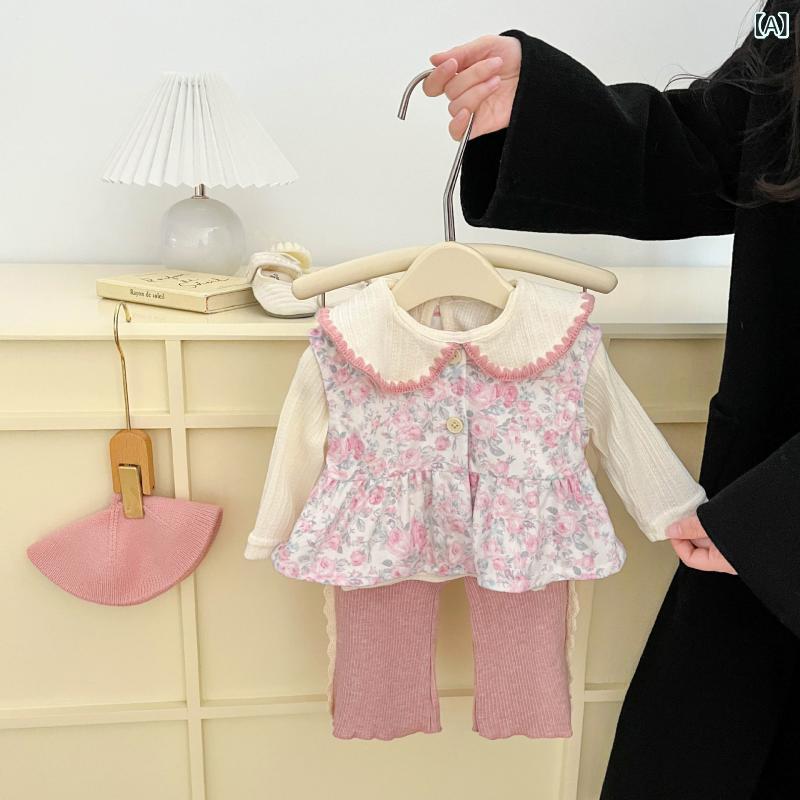 キッズ 女の子 セットアップ 春秋 韓国風 かわいい 小花柄 ベスト トップス フレアパンツ おしゃれ 3点..