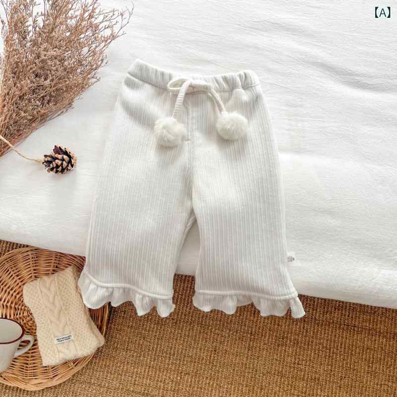 キッズ 女の子 ベビー パンツ 裏起毛 厚手 ポリエステル 綿 韓国風 おしゃれ かわいい フリル レース フレアパンツ ロングパンツ 冬 着回し オフホワイト カーキ