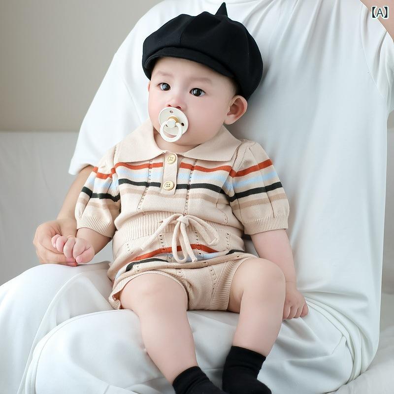 ベビー服 男女兼用 男の子 女の子 韓国風 セットアップ 半袖 ショートパンツ カラフル ストライプ ニット 薄手 柔らかい レーヨン 吸湿速乾 トップス 2点セット 普段使い お出かけ 春夏