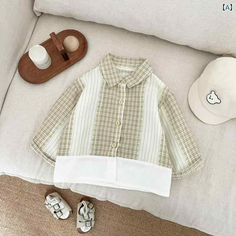 キッズセットアップ 男の子 ベビー服 韓国風 春秋 2点セット 格子柄カジュアルシャツ ストレートパンツ..