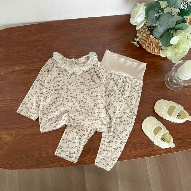 パジャマ キッズ 女の子 ベビー 韓国風 花柄 フリル襟 春秋 上下セット ルームウェア 綿 薄手 長袖 ロングパンツ 2点セット
