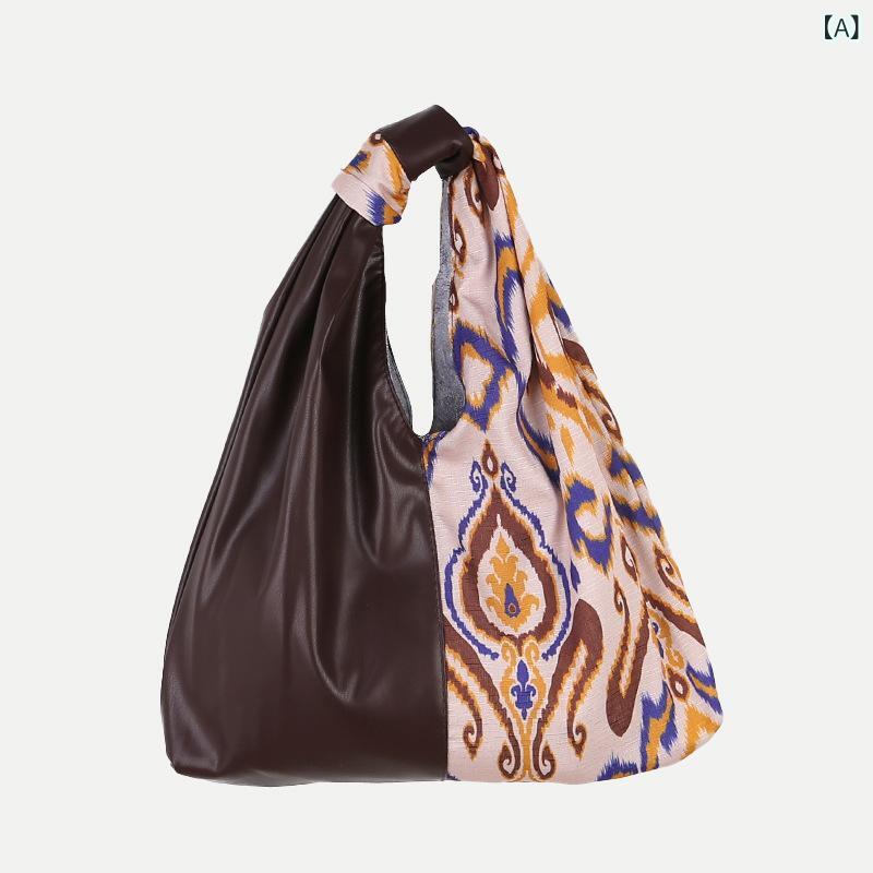 バッグ ハンドバッグ 新月型 民族風 エスニック アトラス柄 切り替えデザイン PUレザー 旅行 記念品 普段使い 特産品 おしゃれ カジュアル 春夏(4)