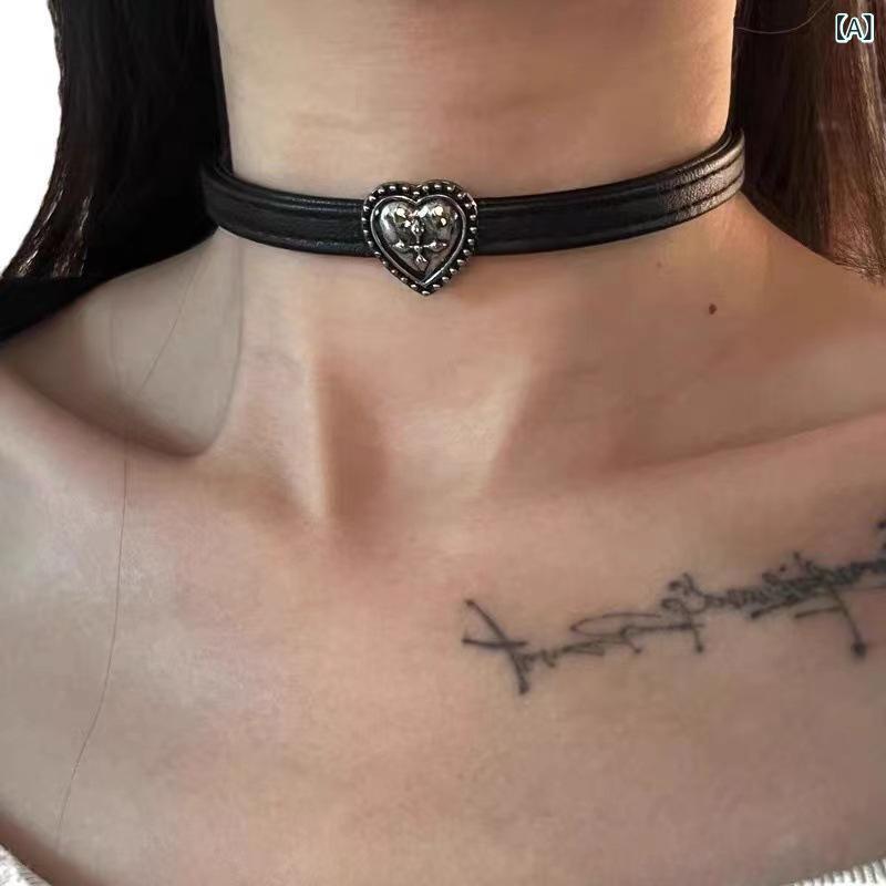 チョーカー メンズ レディース ユニセックス ヴィンテージ加工 レトロ ブラック レザー 革 パンク サブカルチャー 鎖骨ネックレス 合金製 電気メッキ加工 幾何学模様 個性的 トレンド カジュアル
