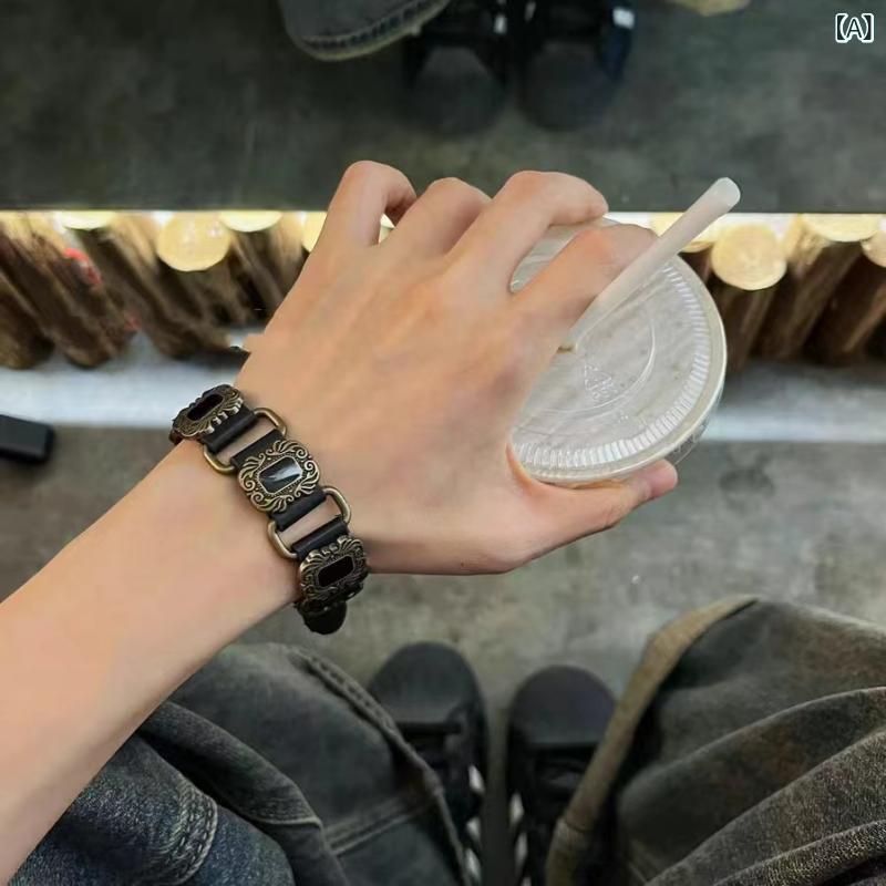 ブレスレット 男女兼用 ユニセックス パンク ストリート レトロ ヒップホップ レザー 合成皮革 合金 バ..