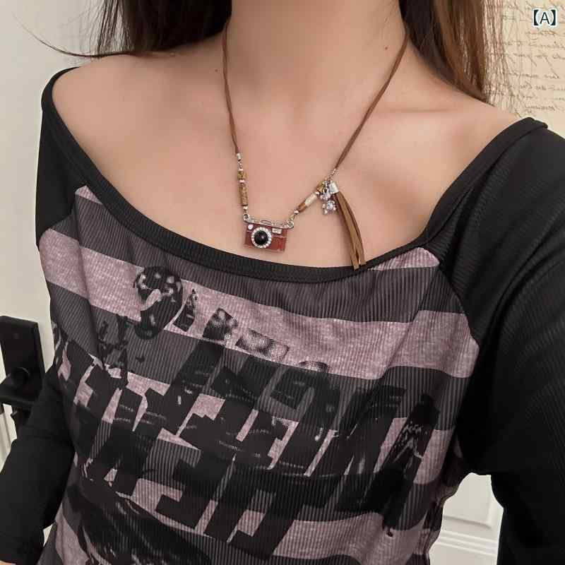 ネックレス レディース ブラウン レトロ カメラ フリンジ ロング セーターネックレス 個性的デザイン ..