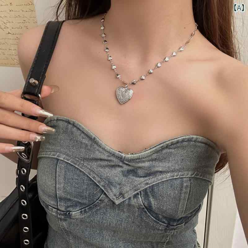 ネックレス レディース 韓国風 ハート 切り替え チェーン ペンダント 銅合金 合金製 高級感 レトロ ヴィンテージ加工 電気メッキ 甘辛ミックス 普段使い 鎖骨アクセサリー 個性的 ファッション ジュエリー(4)