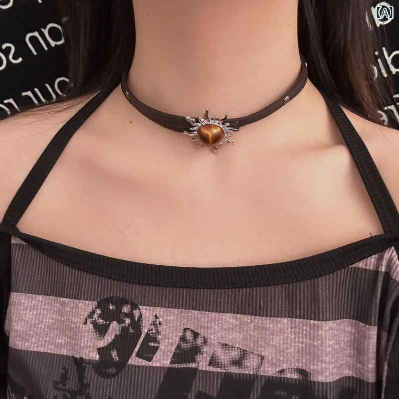 ネックレス レディース Y2K ギャル レザー チョーカー ダブルレイヤー 太陽モチーフ スウィートクール ..