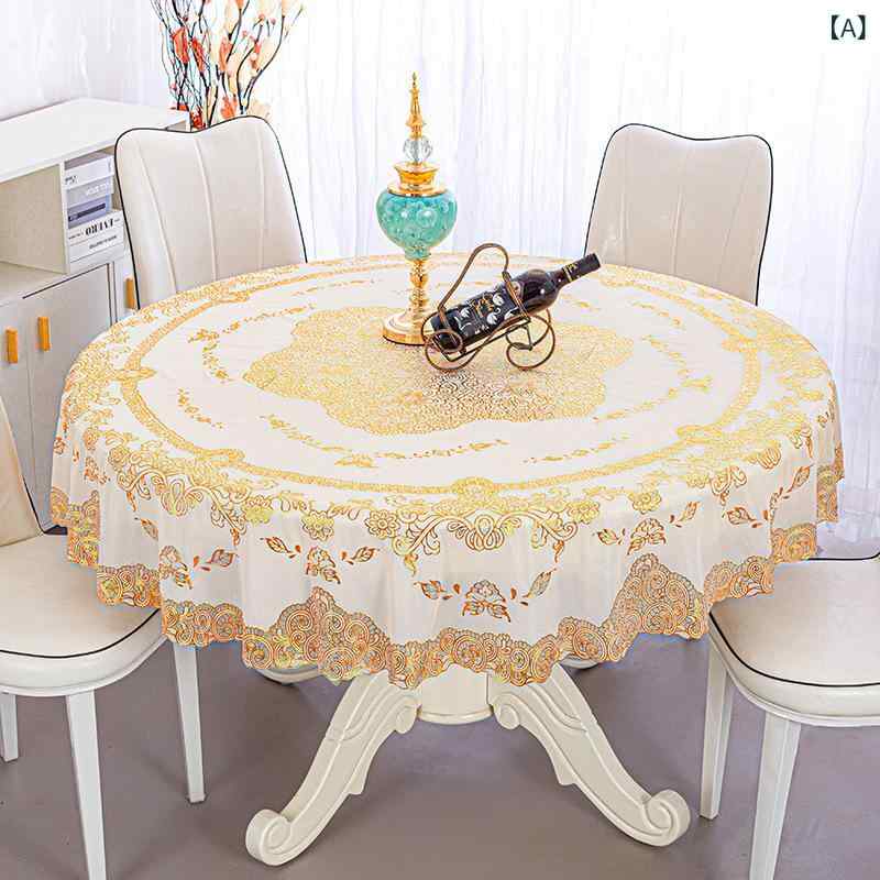 テーブルクロス 欧風 エレガント PVC プラスチック製 円形 大型 防水 防汚 滑り止め 箔押し ゴールド ..