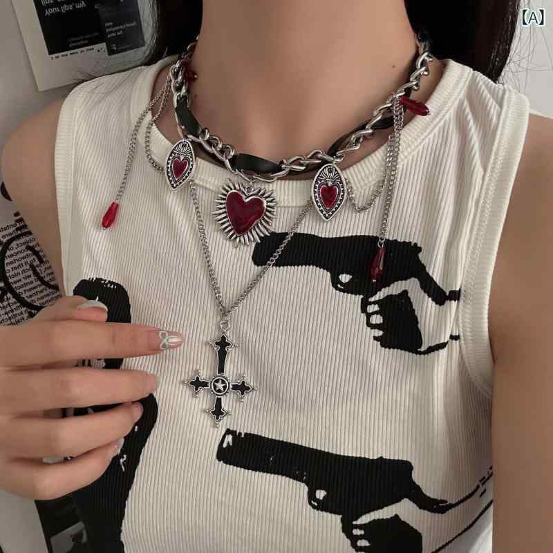 ネックレス レディース パンク ロック ゴシック レッド ハート 十字架 いばら ペンダント レザー チョ..