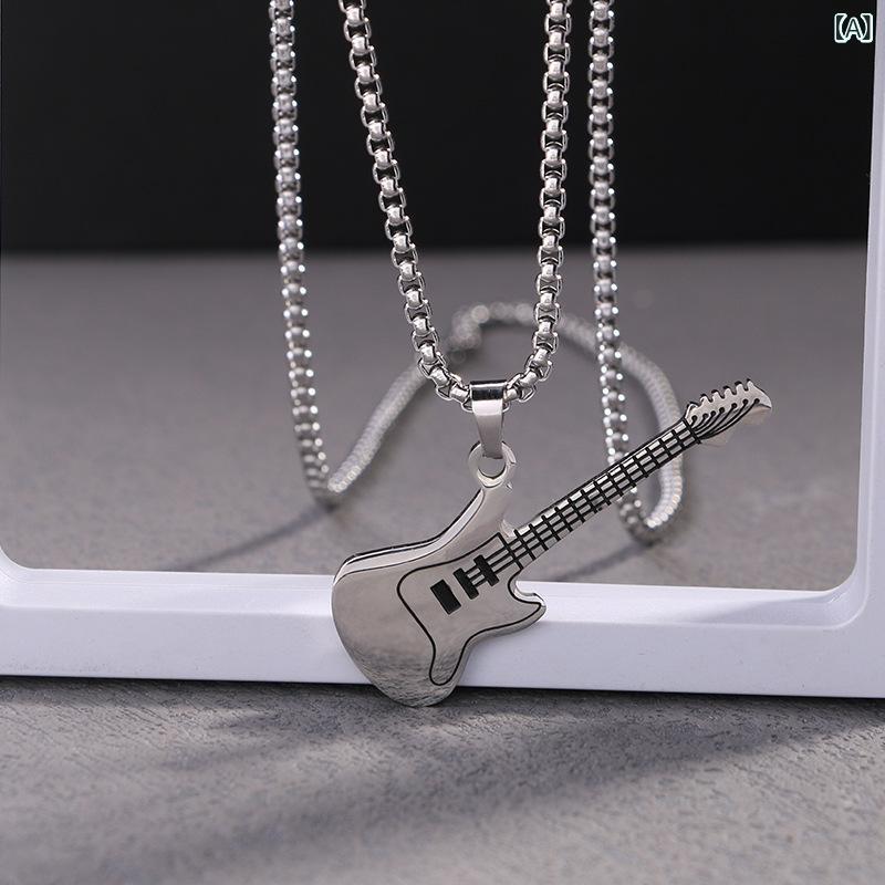 Necklaces, Pendants - ネックレス メンズ ギター ペンダント チタン鋼 ステンレス ヒップホップ ストリート カジュアル キューバンチェーン 欧米風 デイリーユース 幾何学模様 錆びにくい 鏡面仕上げ ファッションアクセサリー