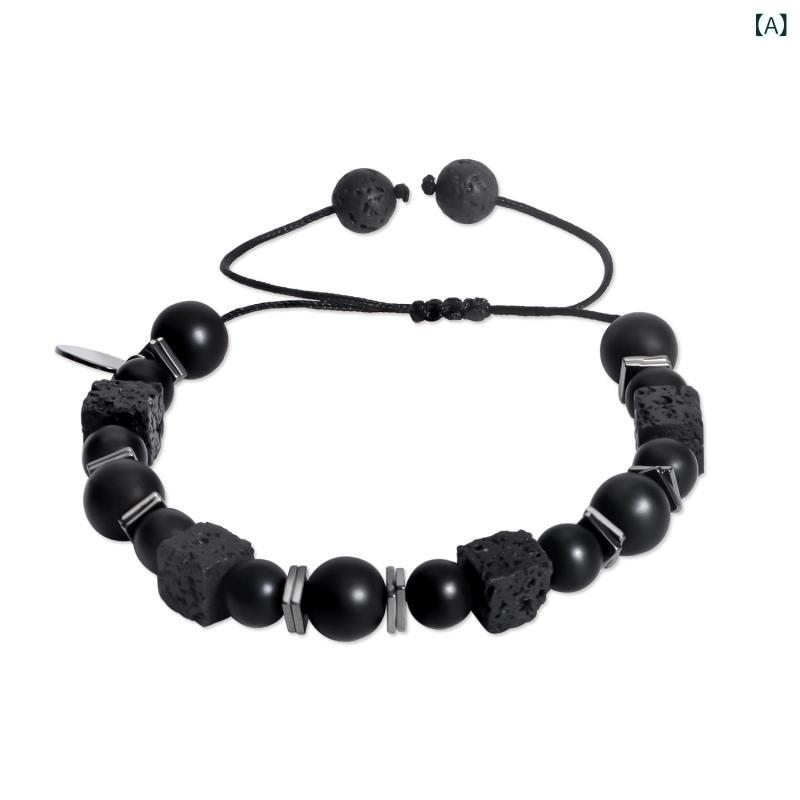 ブレスレット メンズ カップル 男女兼用 ハンドメイド 天然 火山石 マット ビーズ 伸縮性 レトロ ヴィンテージ 普段使い カジュアル 丸型 10mm 8mm