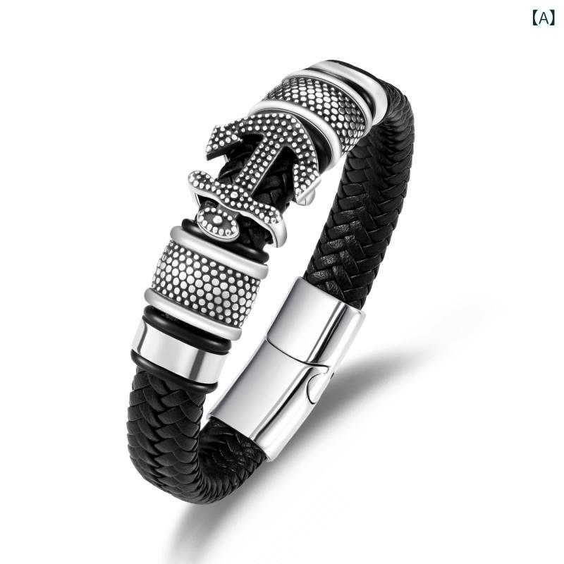 Men'S Accessories - ブレスレット メンズ 男性用 欧米風 クラシック レトロ ヴィンテージ 多層 編み込み レザー ステンレス アンカーモチーフ カジュアル スティールカラー