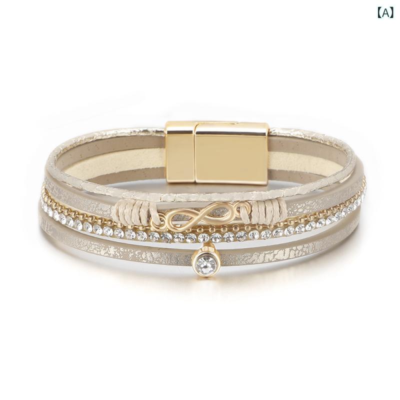 ブレスレット レディース 女性用 ボヘミアン インフィニティ 無限大シンボル アルファベット 数字 文字 レザー 革 編み込み 小粒 ジルコニア装飾 マグネットクラスプ 電気メッキ加工 オフィス カジュアル デイリーユース ファッション