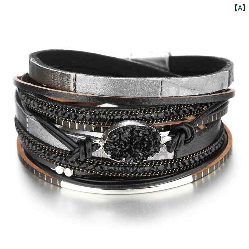 Men'S Accessories - ブレスレット レディース レザー 革 腕輪 多層 楕円形 さざれ石 切り替え マグネット式留め具 おしゃれ かわいい 上品 大人カジュアル 通勤 オフィス ギフト プレゼント ブラック ローズゴールド マルチカラー