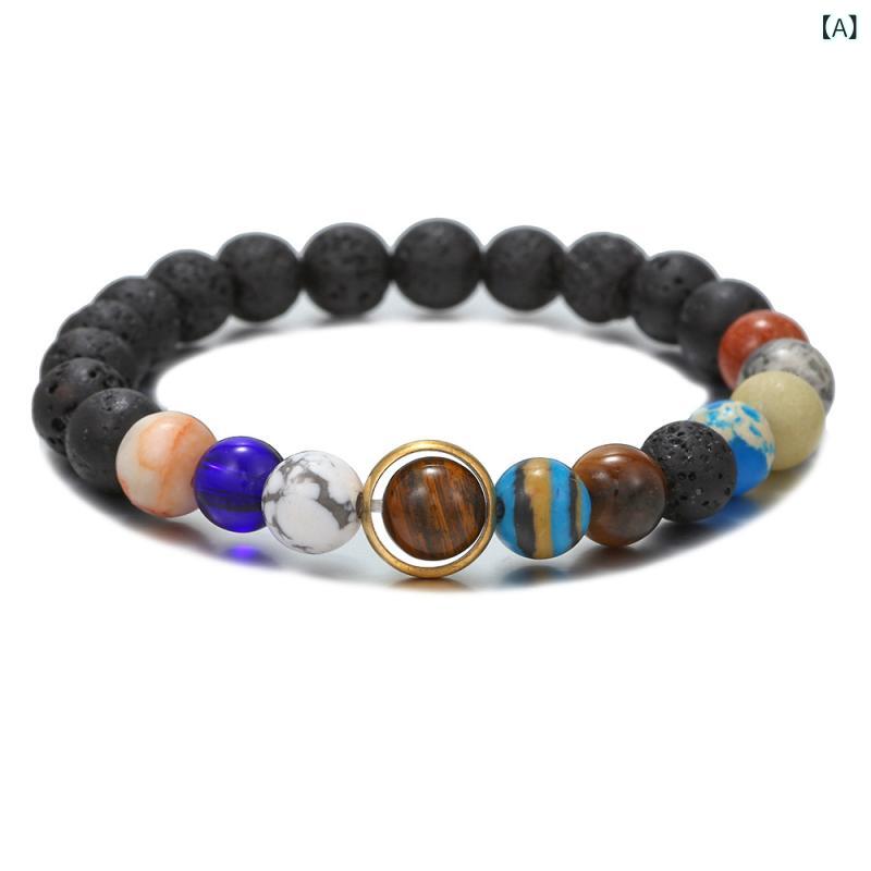 ブレスレット ユニセックス ペア カップル 星空 銀河系 宇宙 八惑星 火山石 ラピスラズリ 天然石 ビーズ 数珠 オリジナルデザイン おしゃれ プレゼント ギフト ファッション アクセサリー