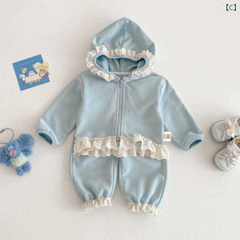 narukiのキッズ 女の子 ベビー 韓国風 ファッション フード付き 長袖 アウター トップス 綿 柔らかい肌触り レース 長ズボン ボトムス セットアップ ツーピース かわいい 普段着 カジュアル 春秋 0-5歳｜アングル3
