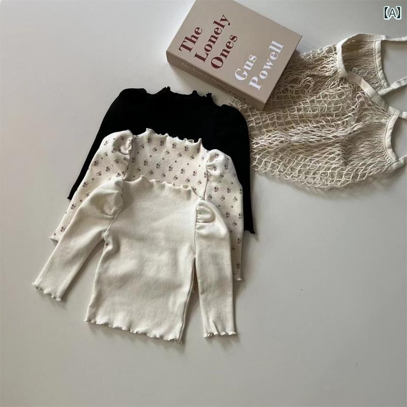 Tシャツ キッズ 女の子 ベビー 幼児 無地 メロウフリル 長袖 インナー トップス 綿 コットン 韓国風 オルチャンスタイル 柔らか素材 着回し 普段使い オールシーズン アイボリー ブラック