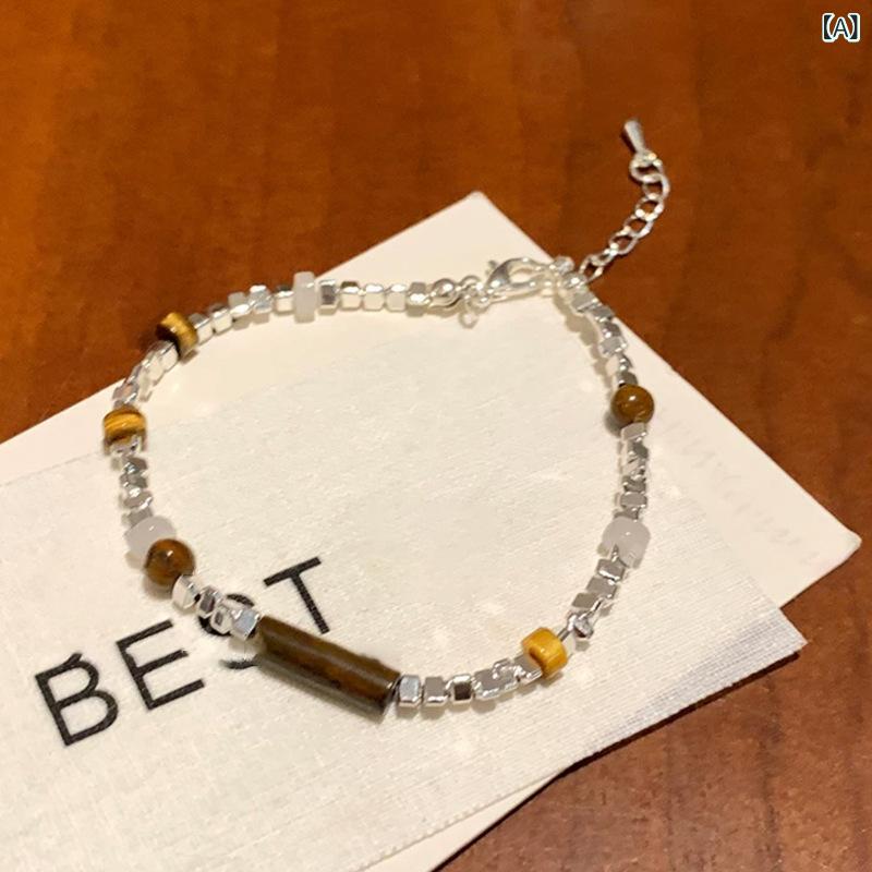 ブレスレット レディース 女性用 タイガーアイ シルバーカラー ビーズ 切り替え 天然石 個性的 レトロ ..