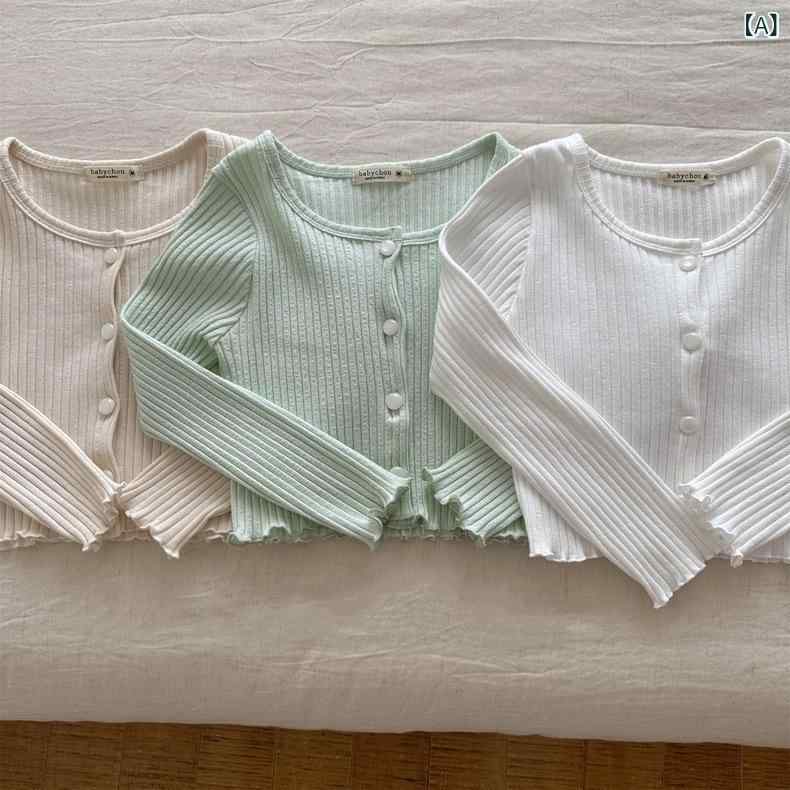 カーディガン 女の子 キッズ ベビー服 韓国風 無地 リブ メロウフリル 長袖 薄手 コットン 春夏 羽織り ショート丈 すっきりシルエット かわいい 普段使い 通学