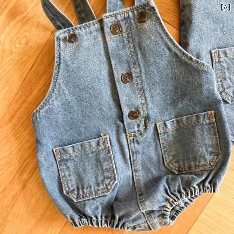 ベビー 男女兼用 春秋 韓国風 デニム オーバーオール サロペット ロンパース カバーオール 切り替え ポ..