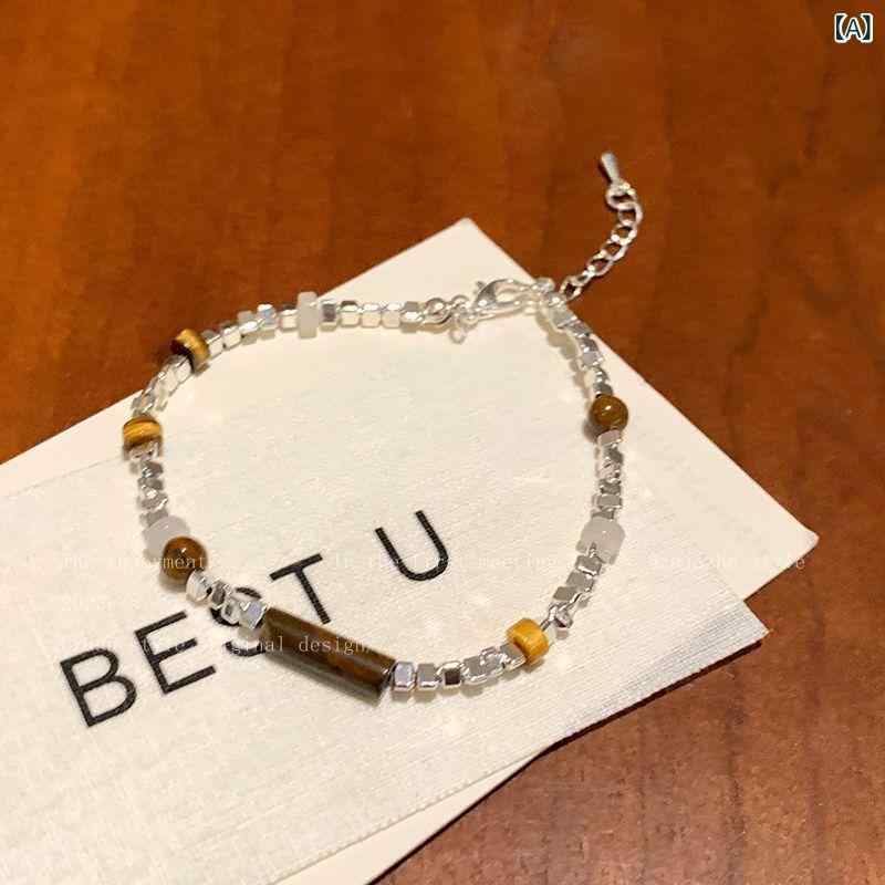 ブレスレット レディース 女性用 腕輪 タイガーアイ 虎目石 シルバービーズ 切り替え 天然石 普段使い カジュアル おしゃれ レトロ ヴィンテージ 個性的 学生向け カップル ペア 秋冬 ファッション アクセサリー