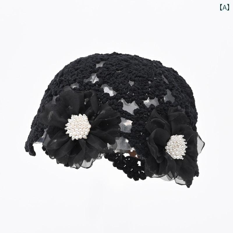 ニット帽 レディース 女性用 春夏 薄手 透かし編み サマーニット エレガント 文芸調 フラワーモチーフ ..