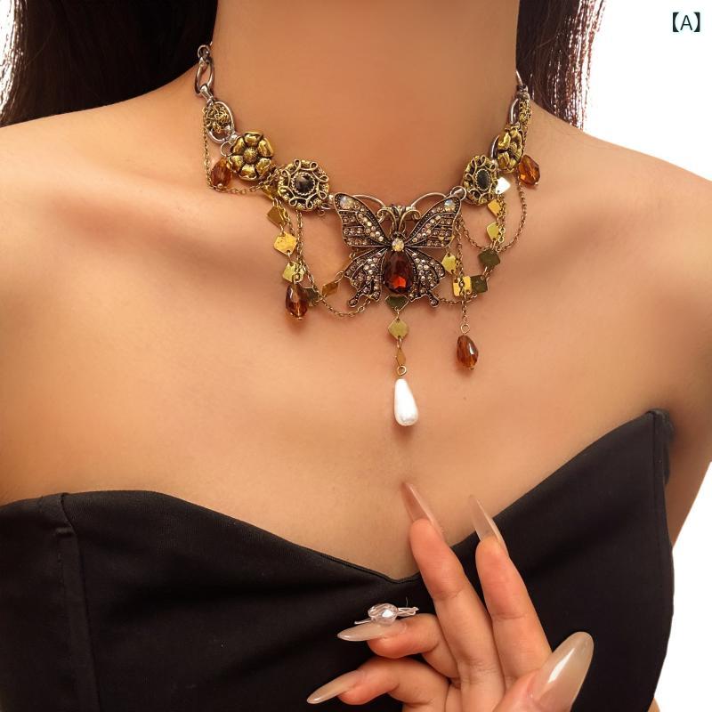 ネックレス レディース 蝶々 バタフライ モチーフ ジルコニア タッセル ペンダント 鎖骨 ショートネックレス 精巧な細工 個性的 高級感 エレガント レトロカラー 合金 電気メッキ加工