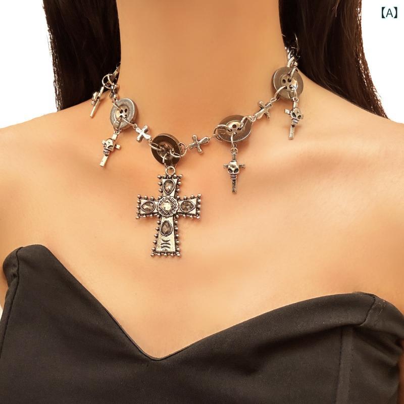 ネックレス 欧米デザイン ダークゴシック バロック 十字架 浮き彫り ペンダント レトロ アンティーク調 個性的 合金製 電気メッキ仕上げ ボールチェーン