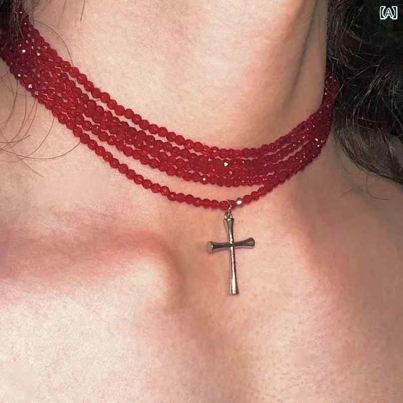 ネックレス レディース レトロ クロス 十字架 レイヤード 重ね付け ビーズ 鎖骨ネックレス シンプル 個性派デザイン 大人可愛い 高見え 普段使い 幾何学 レッドルチルクォーツ クリスタル チタン鋼 電気メッキ加工