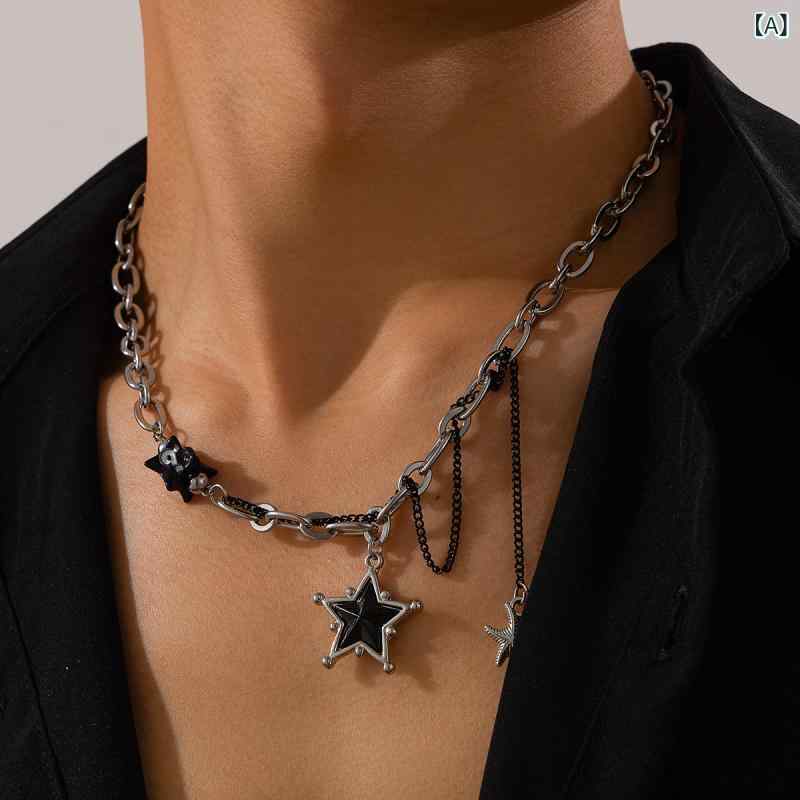 ネックレス メンズ 男性用 チタン ステンレス ブラック 黒 五芒星 スター ペンダント 鎖骨チェーン 個性的 ファッション トレンド 変色防止 錆びにくい 電気メッキ加工