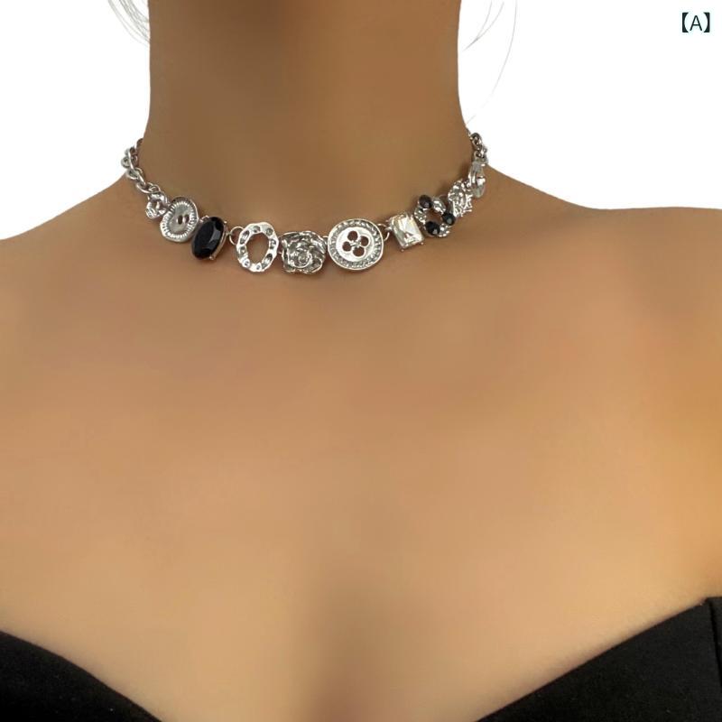 チョーカー レディース 鎖骨チェーン ホワイト ボタン スイート クール レトロ 小衆デザイン 個性派 高級感 エレガント 合金製 電気メッキ加工 デイリーユース