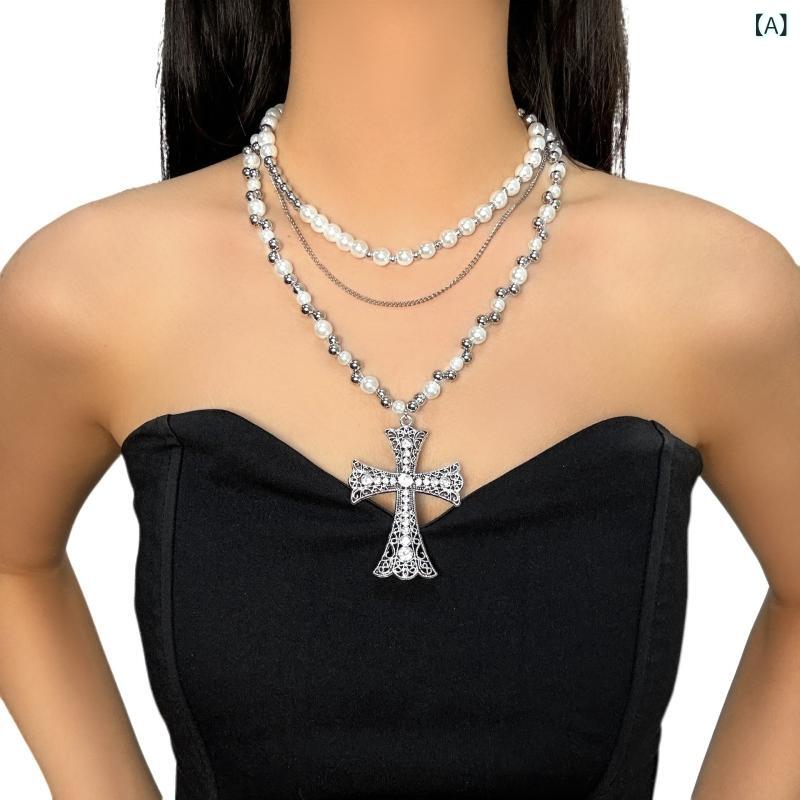 ネックレス レディース 女性用 ロング パール クロス 十字架 ペンダント ラインストーン 重ね付け レイ..