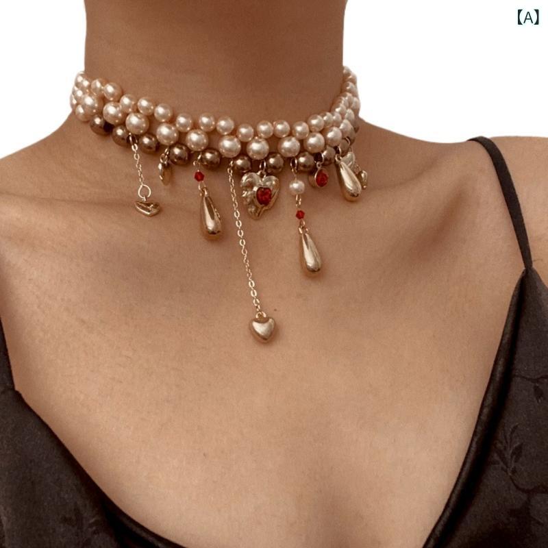 ネックレス レディース 欧米風 フェイクパール ハート タッセル ドロップ 二連 鎖骨丈 合金 電気メッキ加工 ファッション 通勤 カジュアル 普段使い 上品 エレガント かわいい