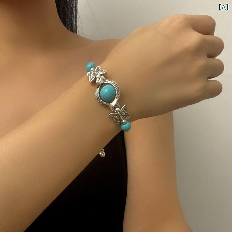 ブレスレット レディース 女性用 レトロ ボヘミアン 個性的 シンプル 蝶 バタフライ ターコイズ ビーズ..