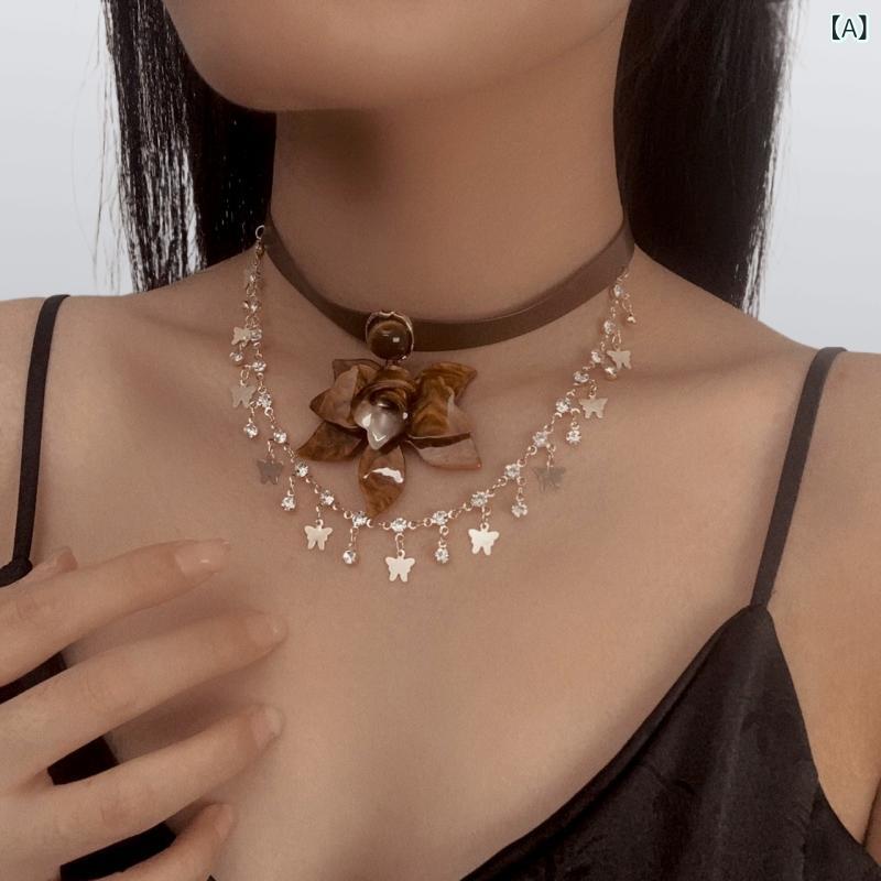 ネックレス レディース 欧米風 メイラードブラウン ローズ フラワー ゴールド 蝶 バタフライ タッセル ..