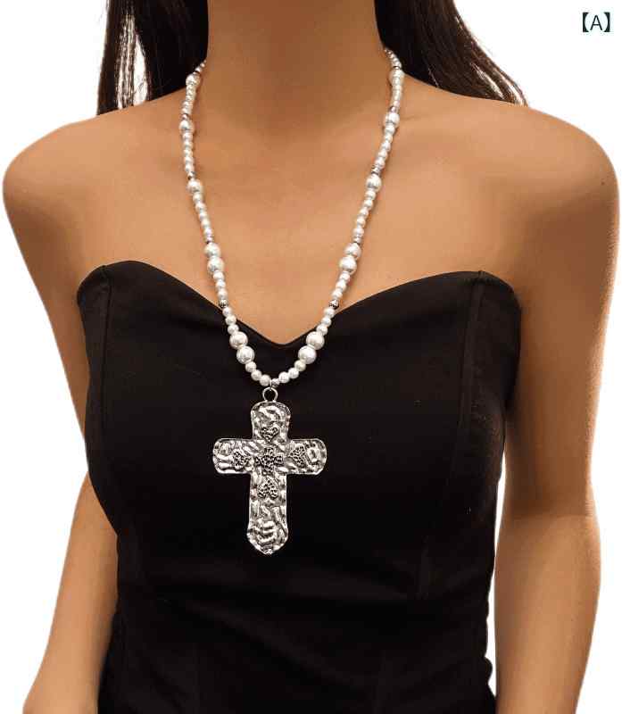 ネックレス ユニセックス パンク 重厚感 パール クロス ペンダント Y2K サブカルチャー 合金製 電気メッキ加工 シルバーカラー 鎖骨丈 カジュアル ストリートファッション