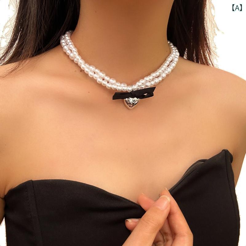 ネックレス レディース 女性用 ハート パール ビーズ 合金製 電気メッキ加工 リボン チョーカー 鎖骨ネックレス 上品 エレガント 個性的 ユニーク 高級感 普段使い オフィス カジュアル 通勤