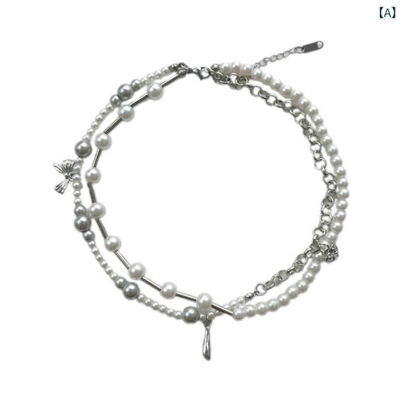 ネックレス レディース 欧米風 オリジナルデザイン 蝶々モチーフ パール チタン鋼 多層 チョーカー 重厚感 個性的 華やか エレガント デイリー使い パーティー 大人可愛い 首飾り