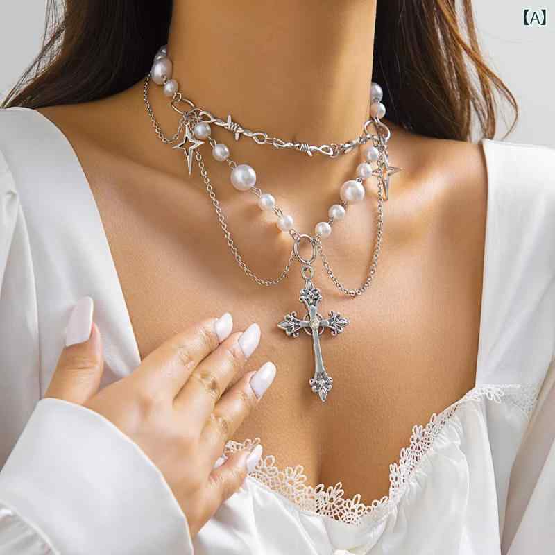 ネックレス レディース 鎖骨チェーン チョーカー 十字架 ペンダント ヒップホップ ゴシック風 ダーク ..