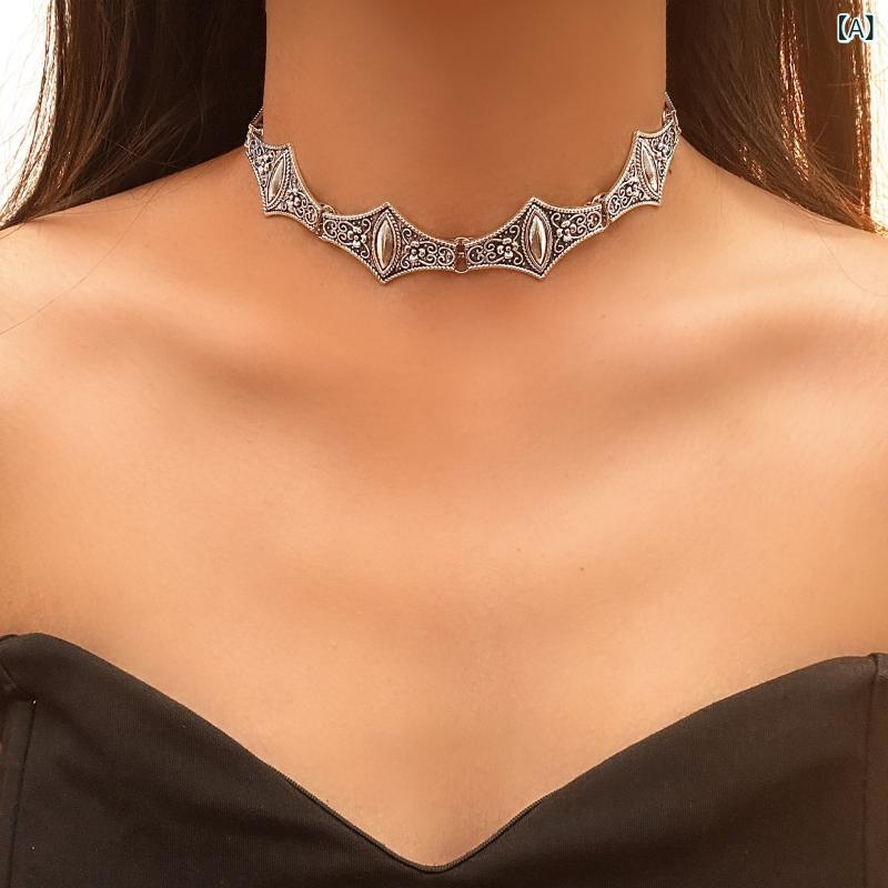 ネックレス レディース 欧米風 アンティーク調 合金製 メタル 鎖骨チェーン レトロ ヴィンテージ 重厚感 個性的 上品 万能 チョーカー 電気メッキ加工 扇形デザイン ジュエリー