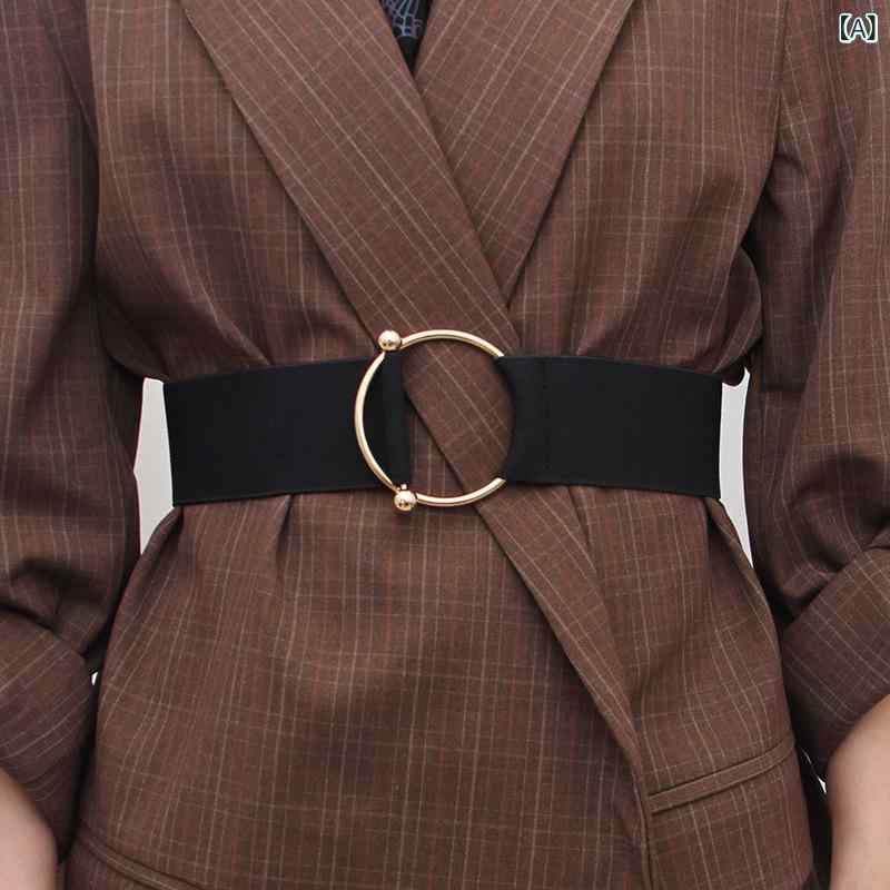 ウエストマークベルト レディース 女性用 ブラック 黒 丸バックル ワイド 太め 伸縮性 ストレッチ ゴム..