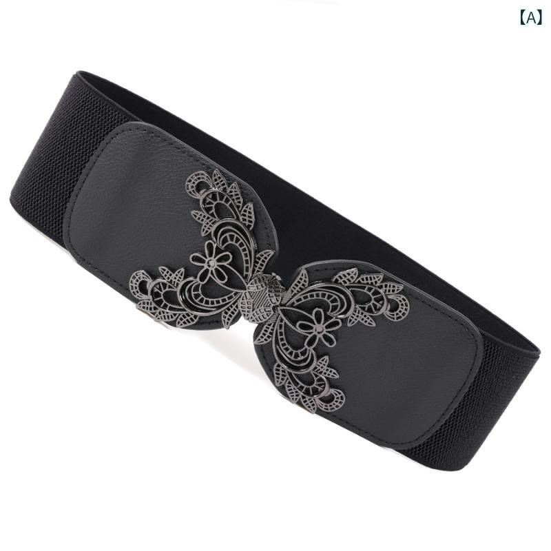 ベルト レディース 花柄 バックル ウエストマーク 太め フェイクレザー ゴムベルト レトロ シンプル ウ..