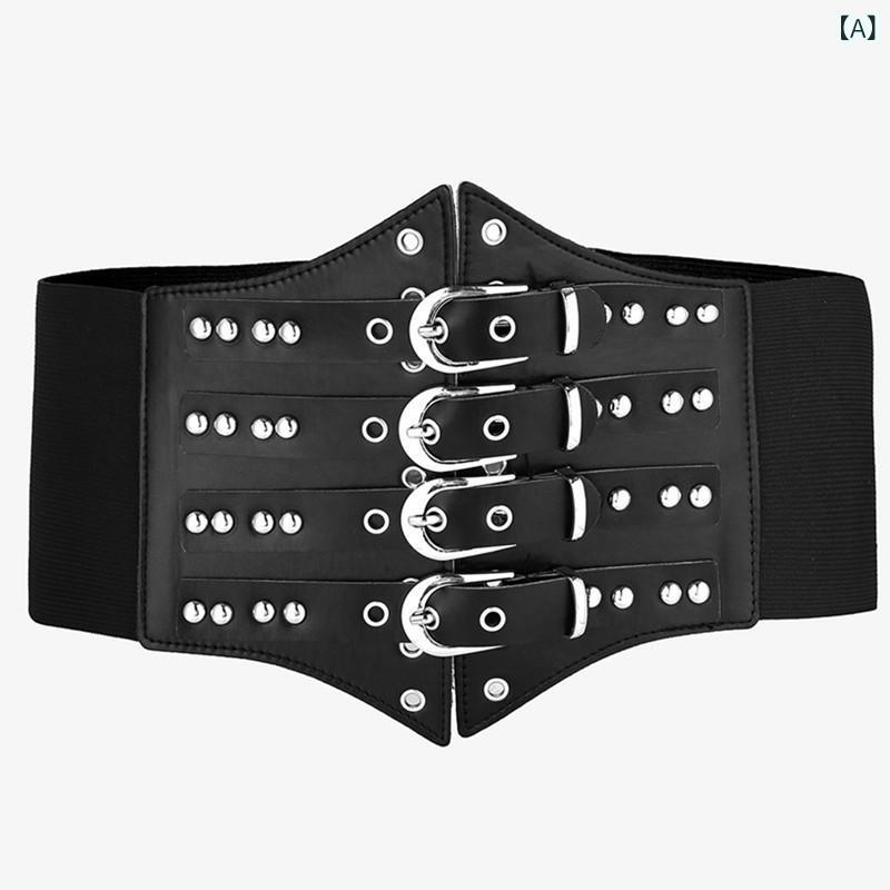 ウエストマークベルト レディース 欧米風 シルバー メタルバックル 伸縮性 幅広ゴムベルト フェイクレ..